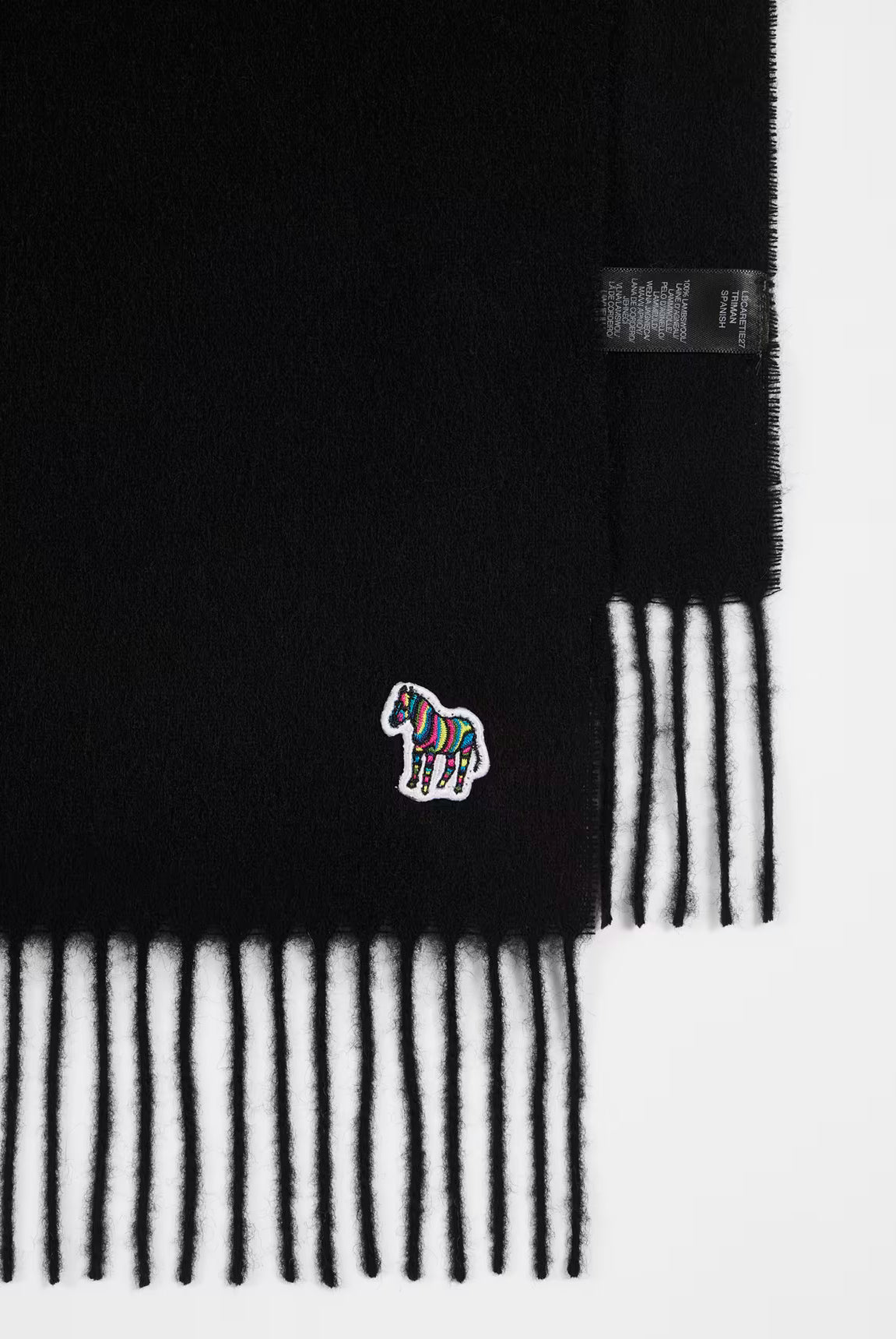 Black and white striped scarf with a colorful zebra emblem on a white background