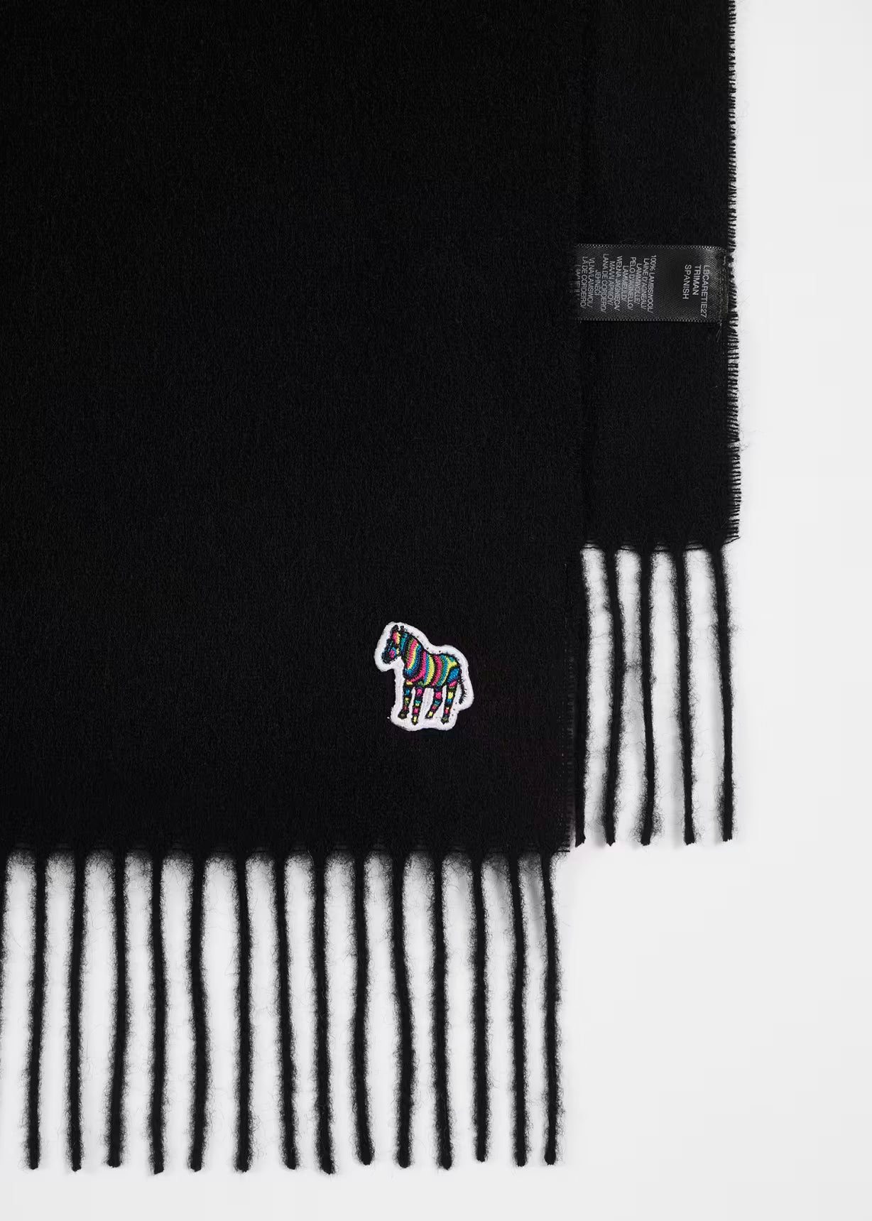 Black and white striped scarf with a colorful zebra emblem on a white background