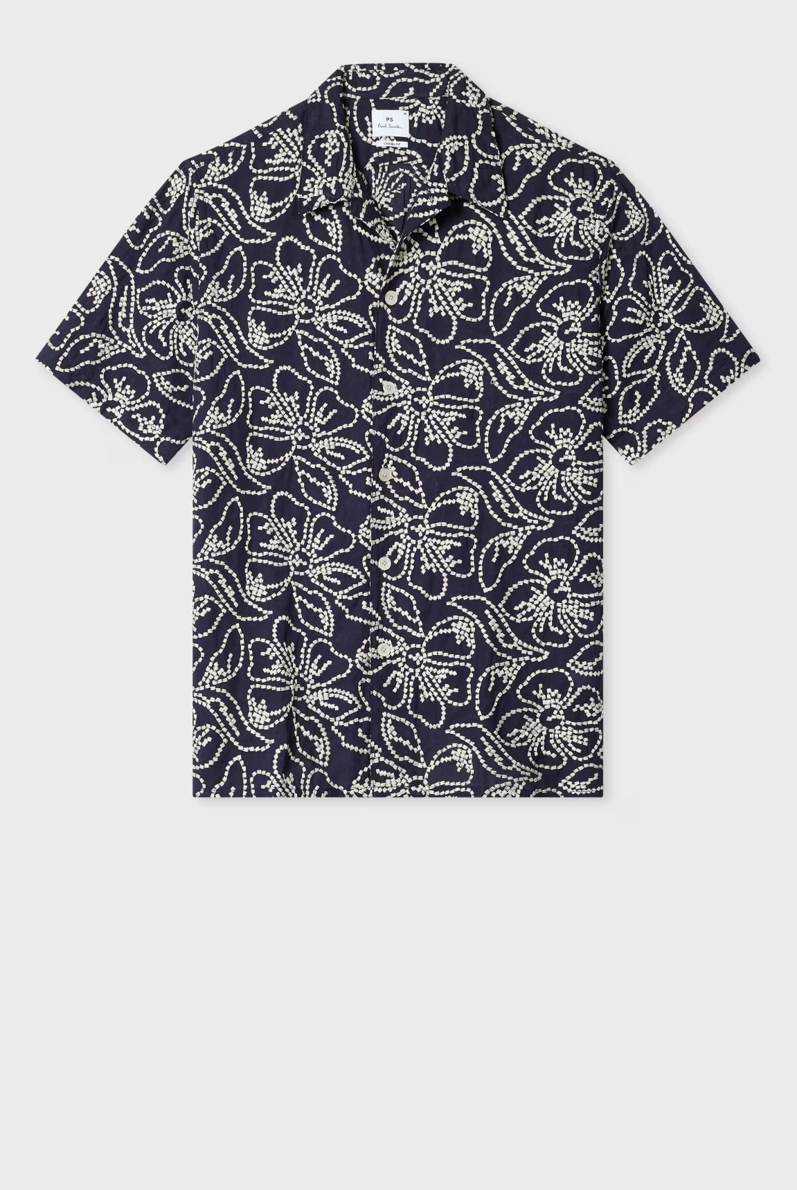 Navy blue shirt with white floral pattern on a light gray background