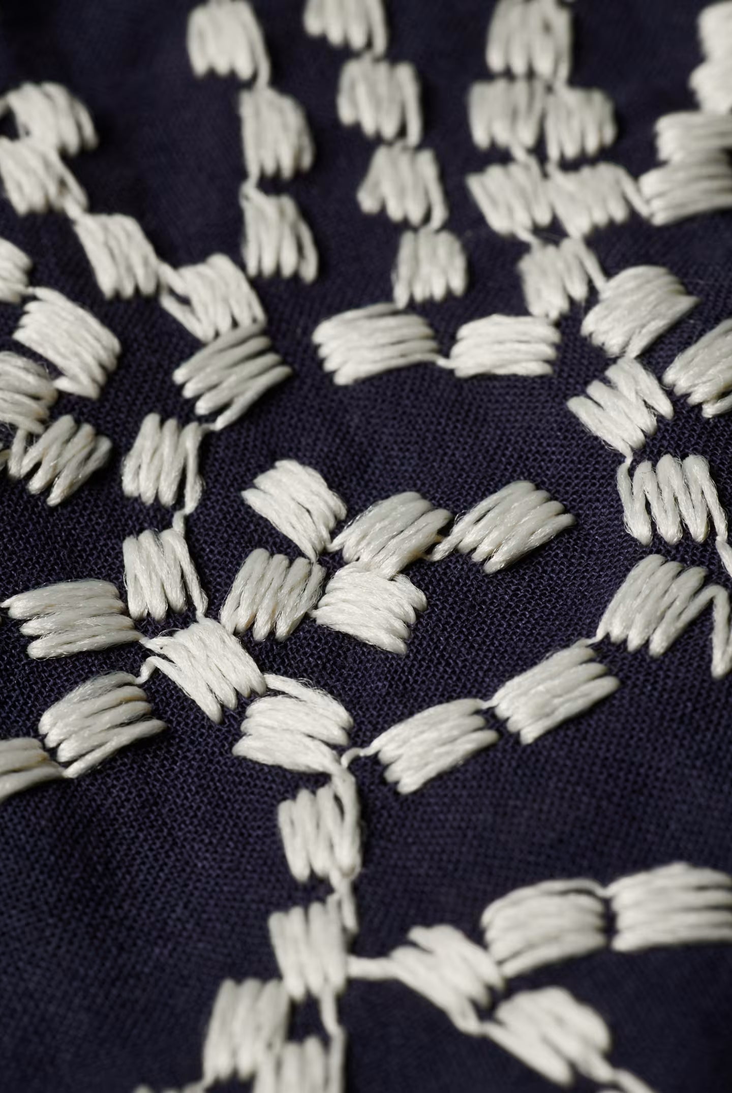 Close-up of a navy blue fabric with white geometric pattern