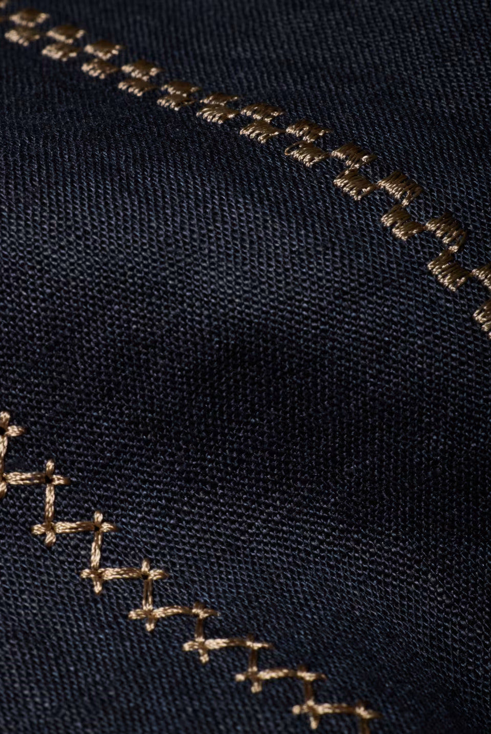 Close-up of black fabric with gold embroidery on a dark background
