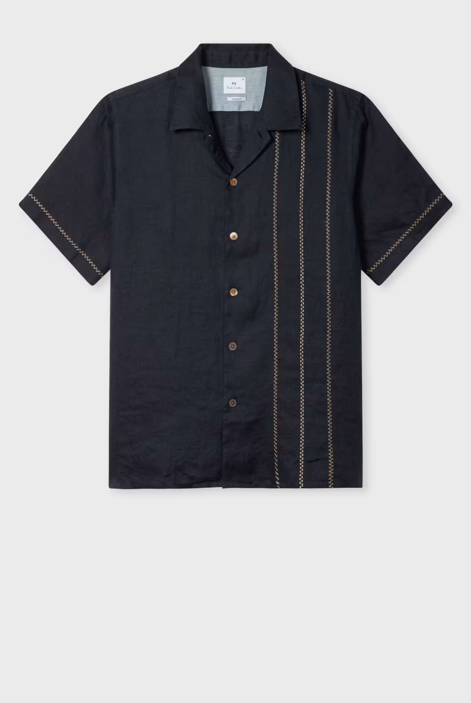Black short-sleeve shirt with button details on a white background