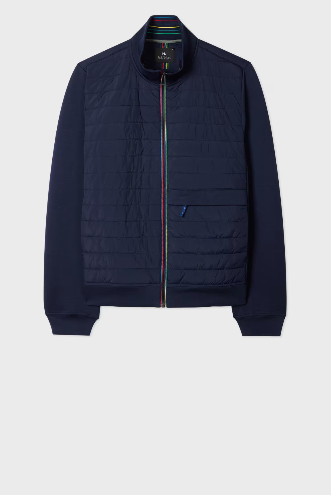 Navy blue quilted jacket on a light gray background