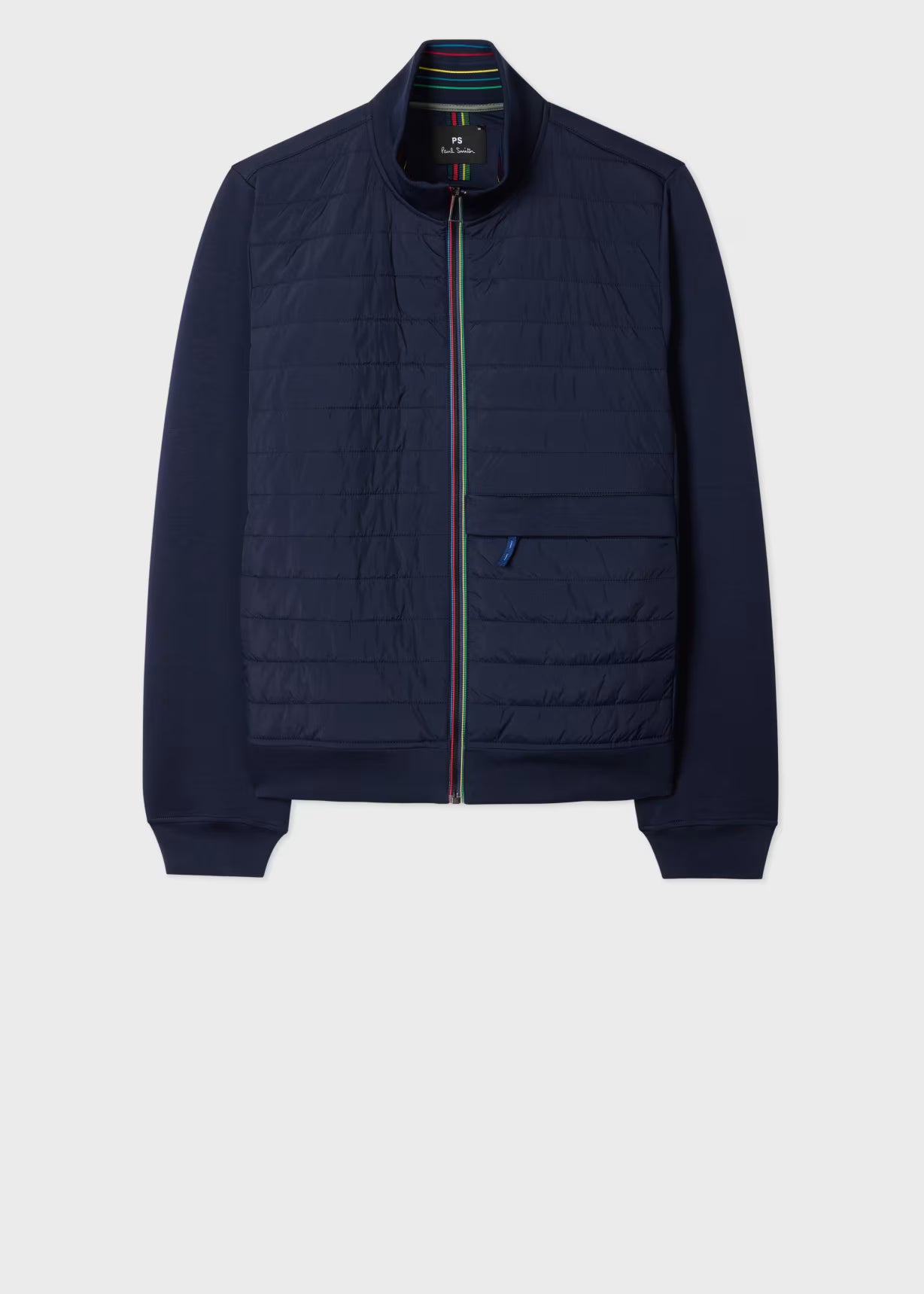 Navy blue quilted jacket on a light gray background
