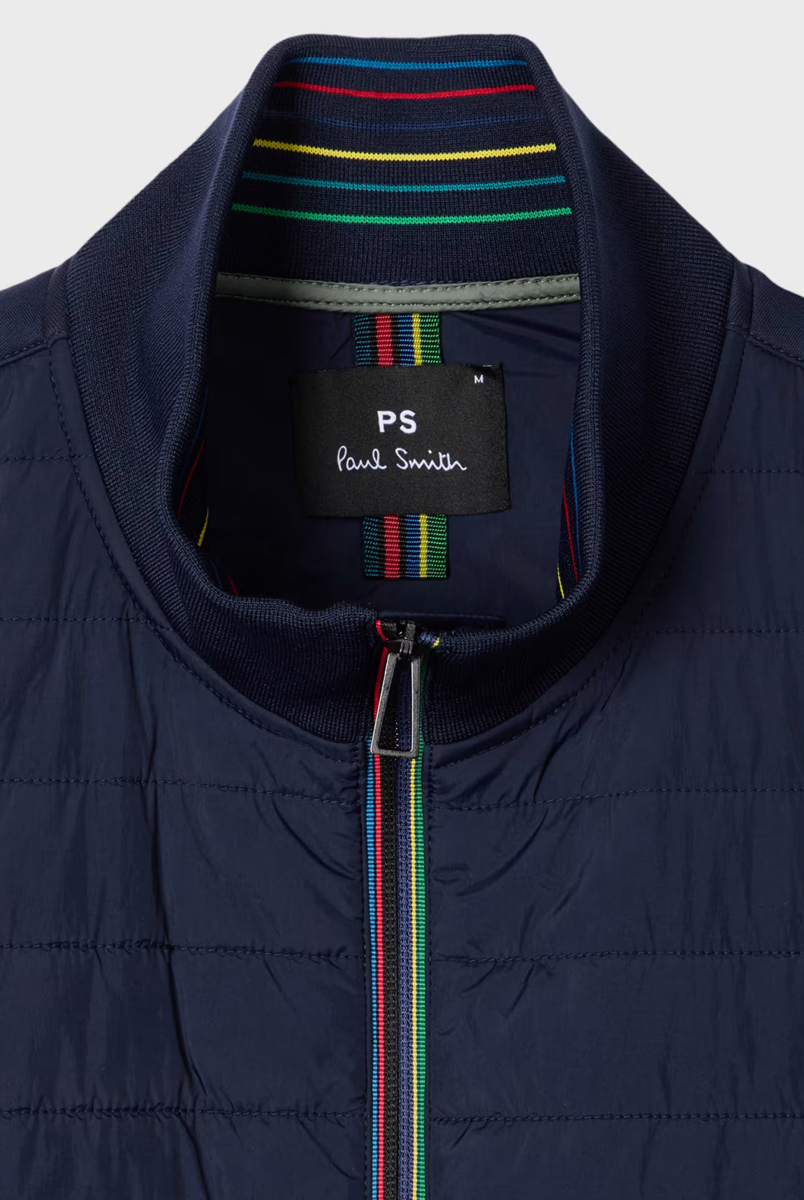Navy blue jacket with colorful striped lining and Paul Smith label