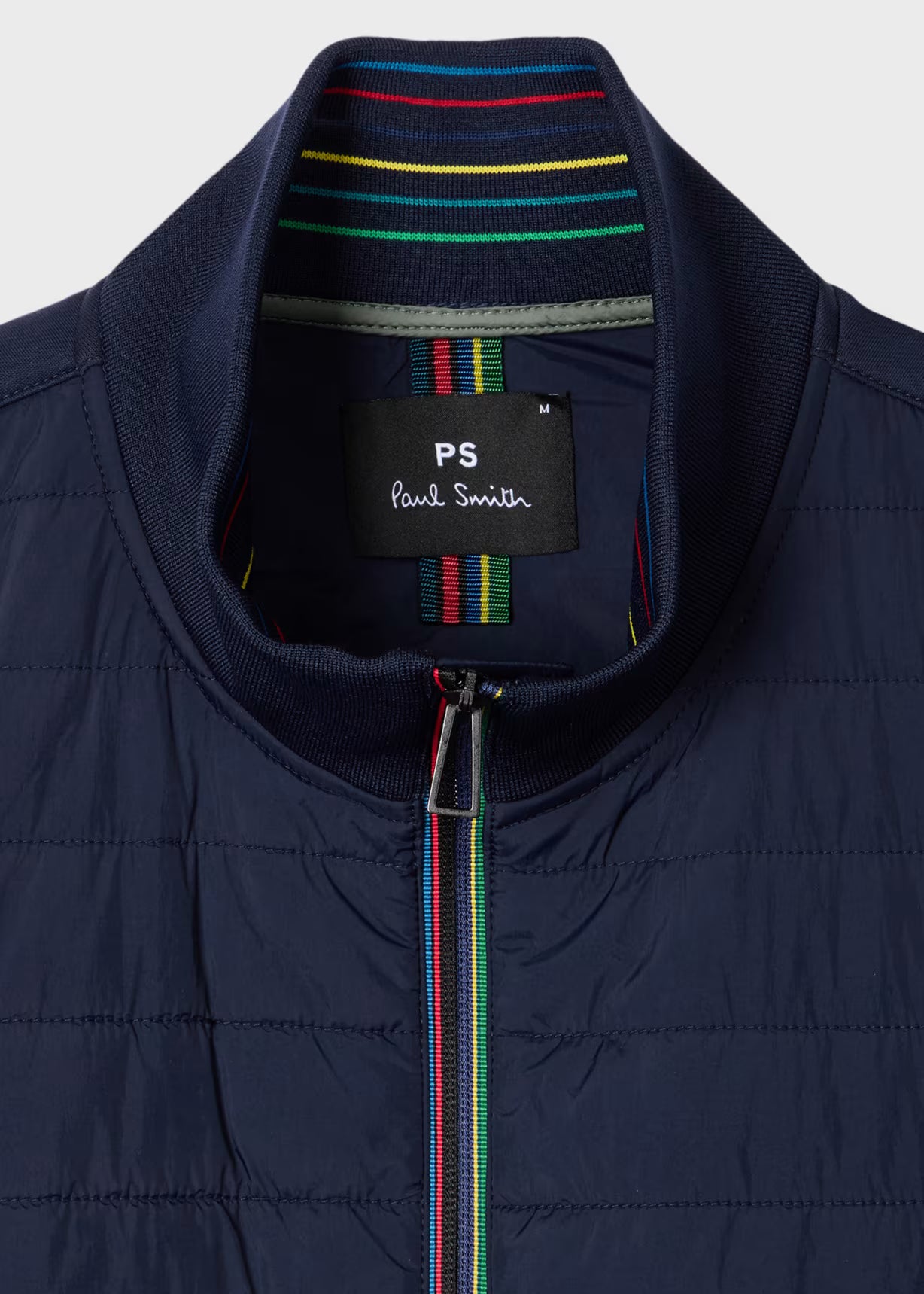 Navy blue jacket with colorful striped lining and Paul Smith label