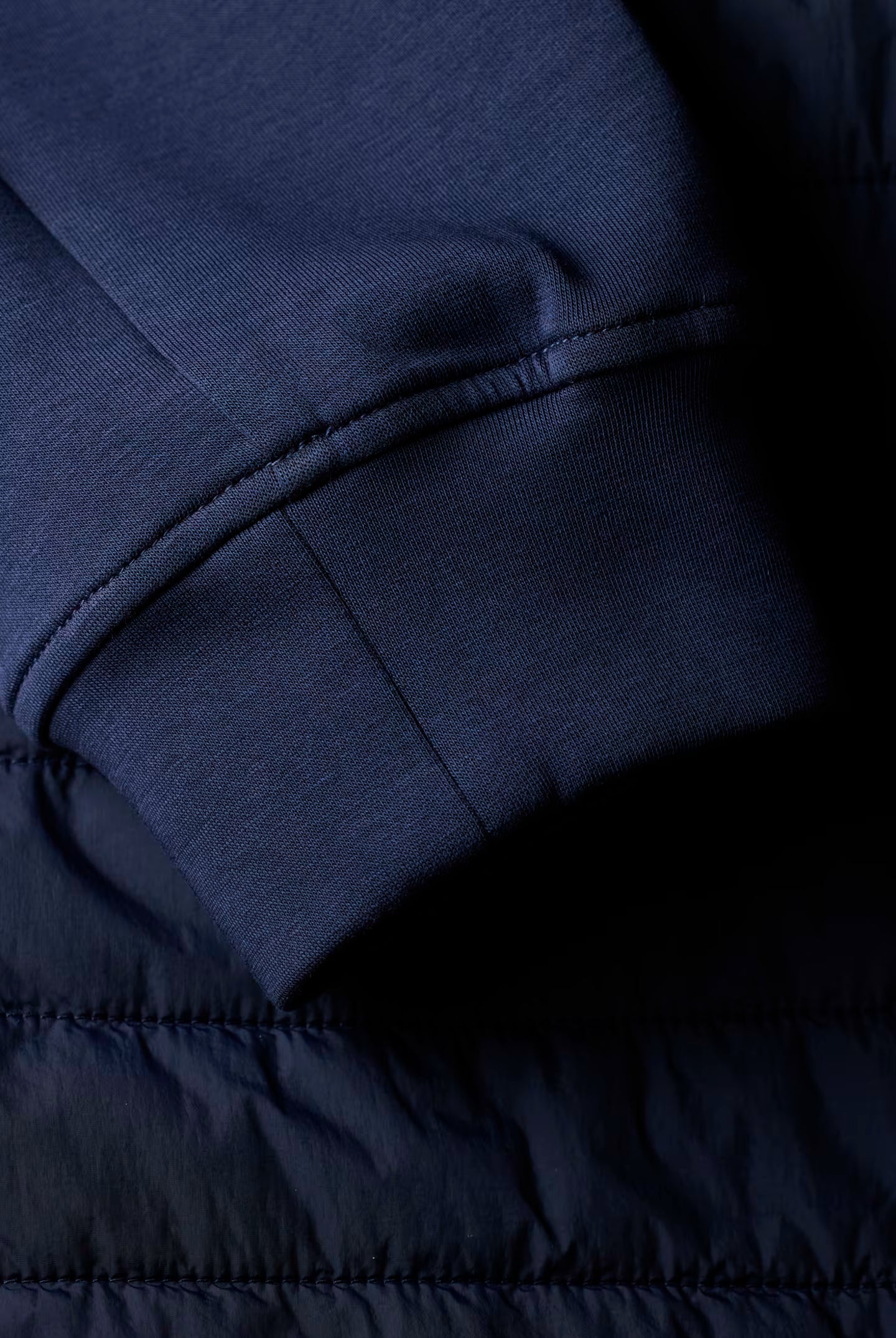 Close-up of a navy blue jacket with quilted design