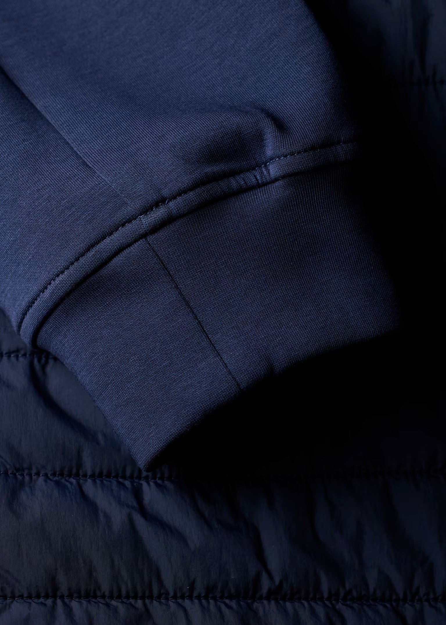 Close-up of a navy blue jacket with quilted design