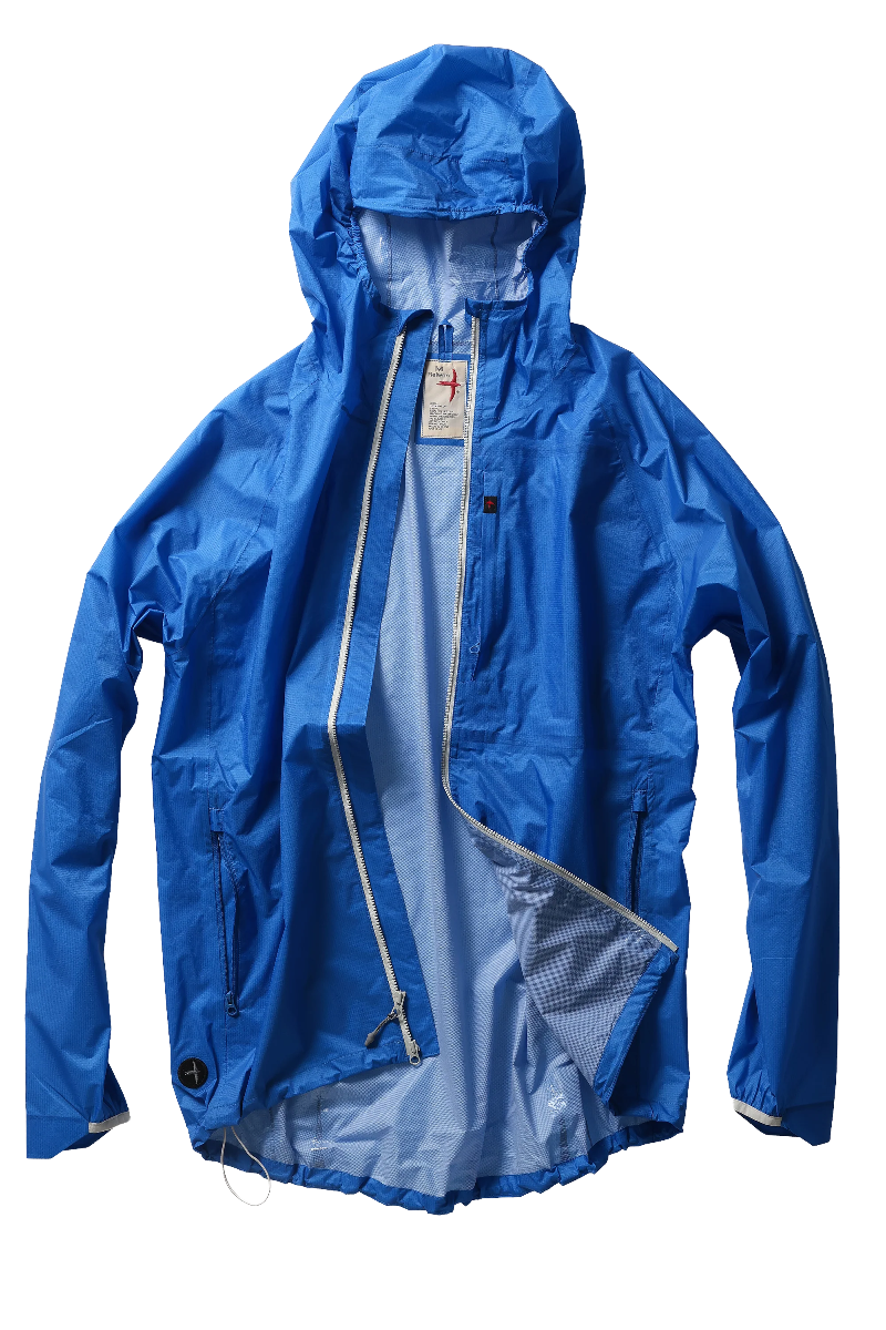 Blue raincoat with a brand logo on a white background