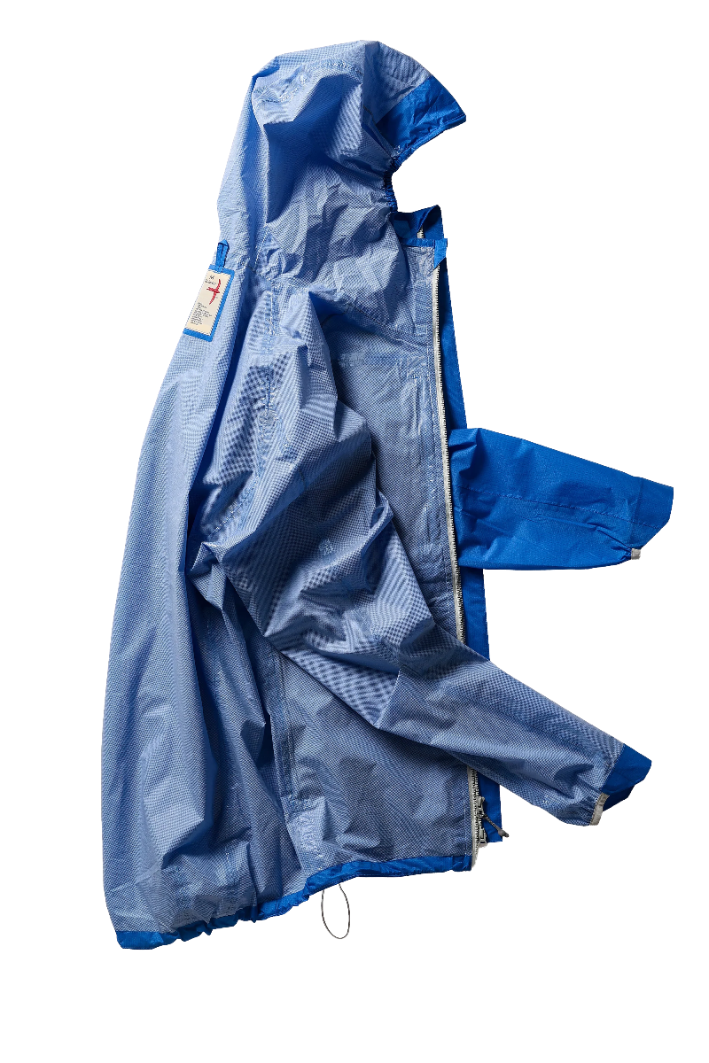 Blue raincoat with a hood on a white background