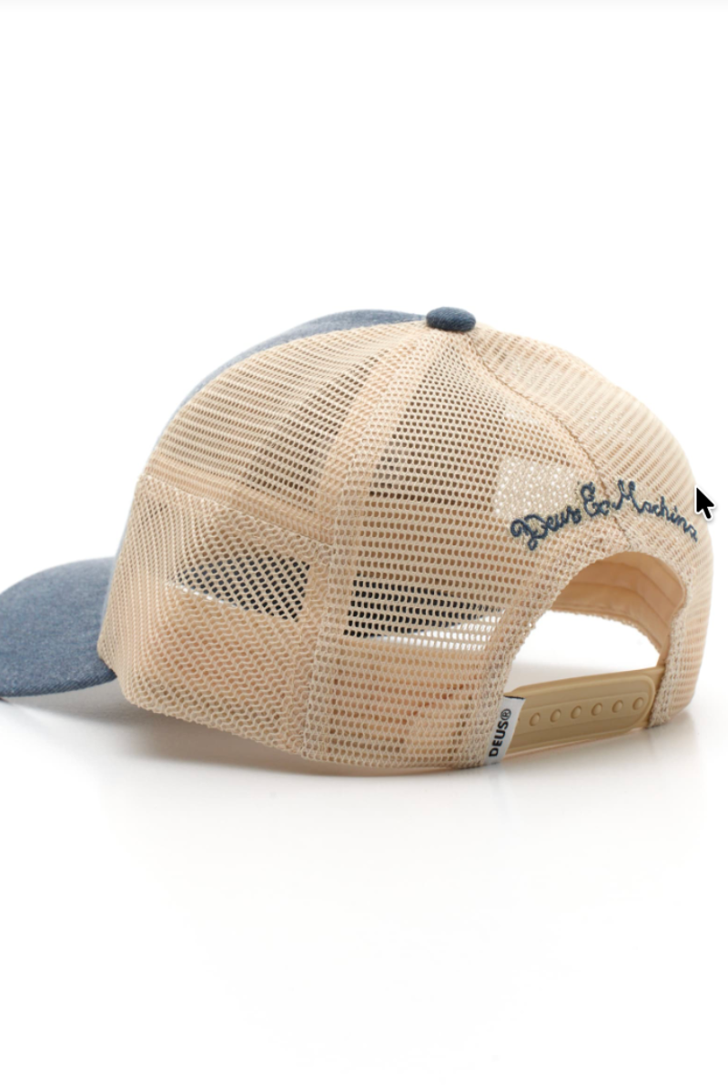 Beige and blue cap with mesh back on a white background