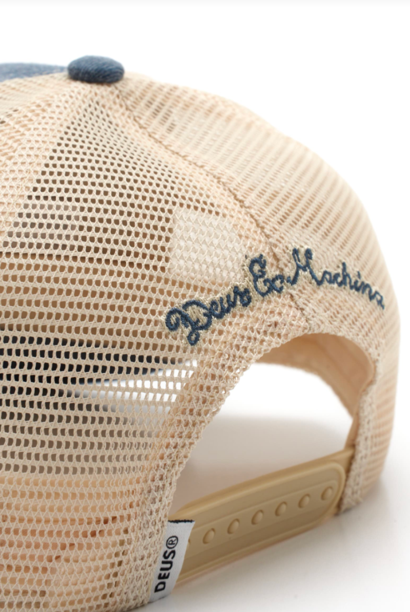 Beige mesh cap with blue embroidered text on a white background