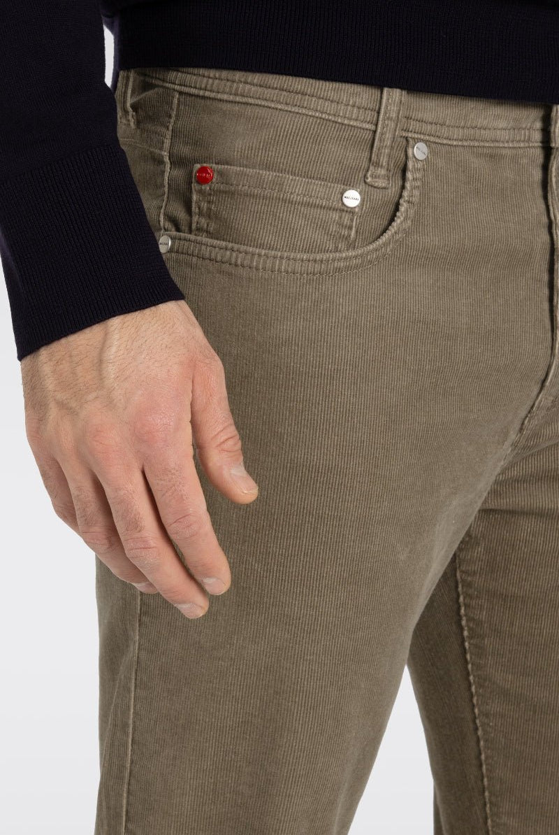 Brown pants with a close-up of a pocket on a white background
