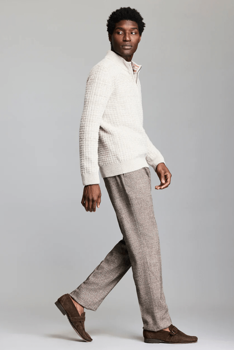 Sweater - Billy Reid - Basketweave Half Zip Sweater in Oatmeal Melange - Archery Close