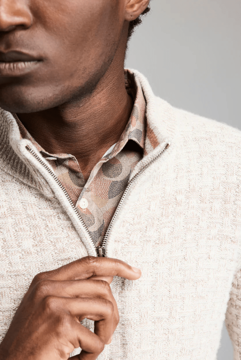 Sweater - Billy Reid - Basketweave Half Zip Sweater in Oatmeal Melange - Archery Close