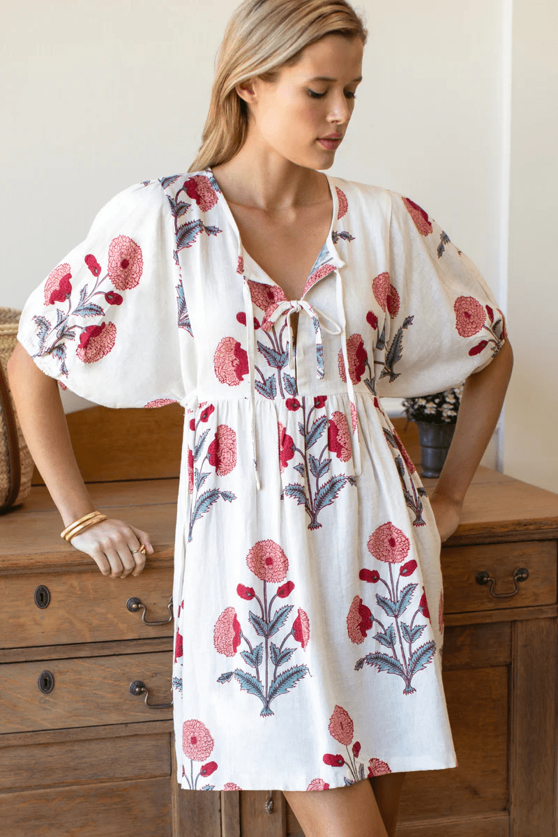 Dresses - Emerson Fry - Bastian Short Dress in Blush Peonies Linen - Archery Close