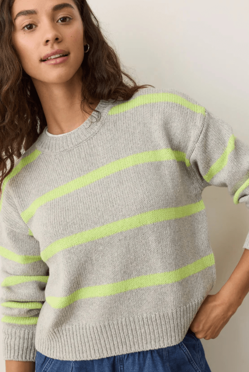 Sweater - Marine Layer - Berkeley Crewneck Sweater in Lime Stripe - Archery Close