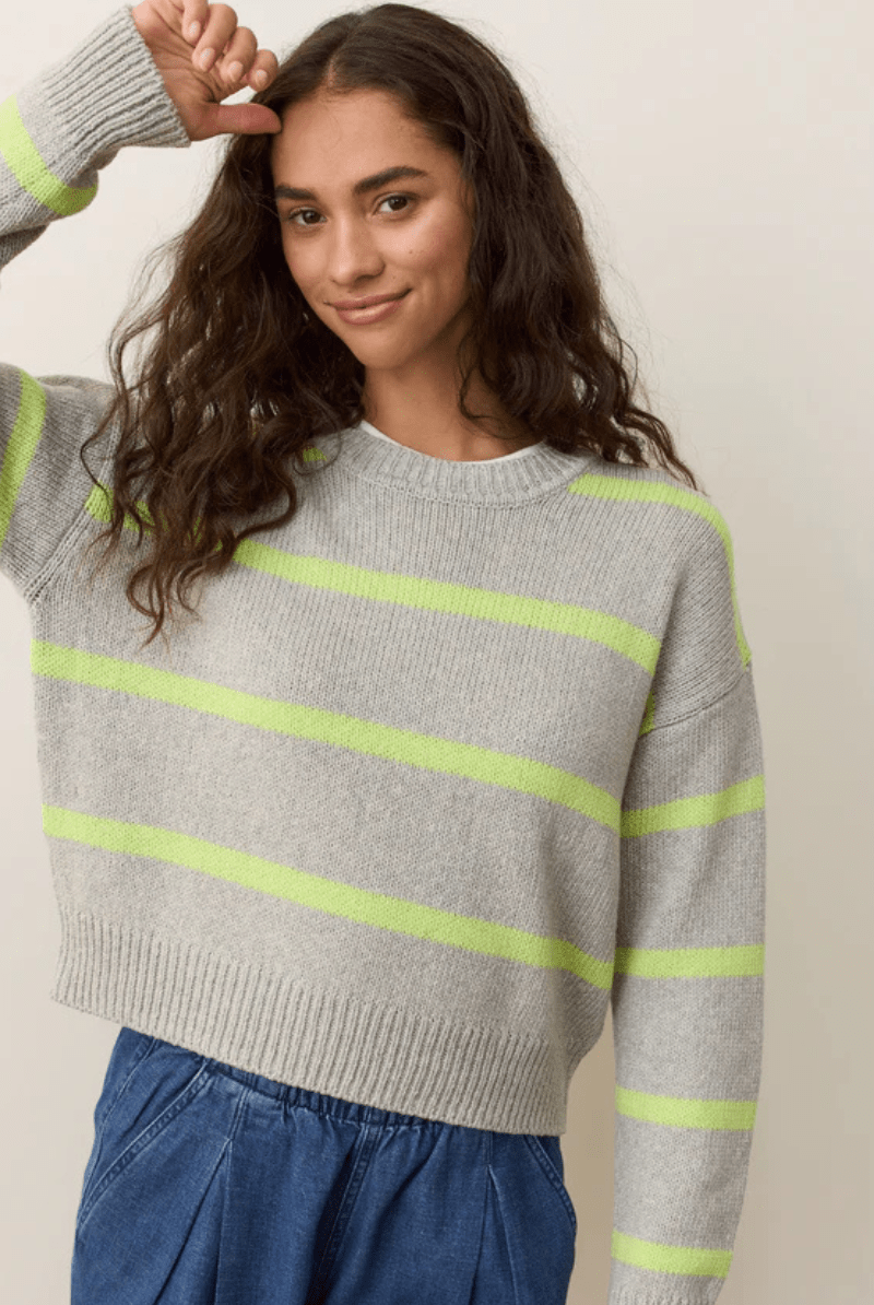 Sweater - Marine Layer - Berkeley Crewneck Sweater in Lime Stripe - Archery Close