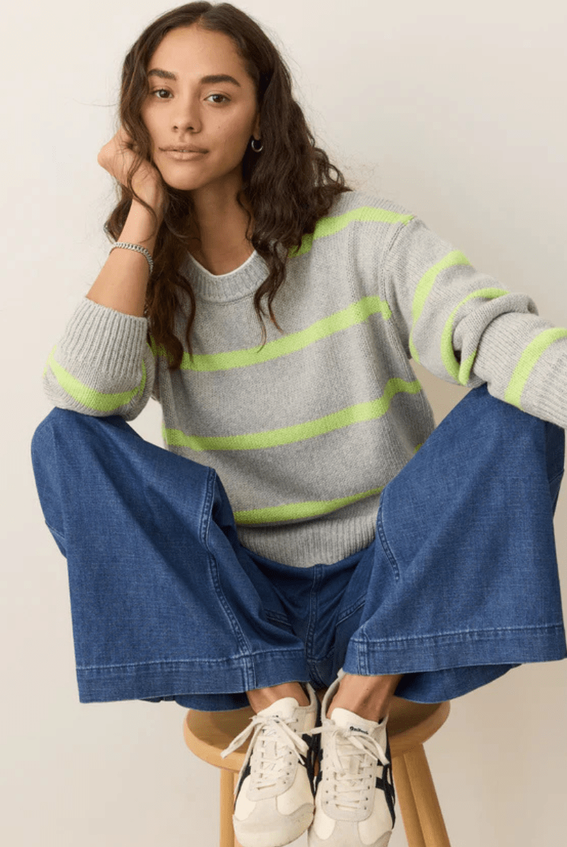 Sweater - Marine Layer - Berkeley Crewneck Sweater in Lime Stripe - Archery Close
