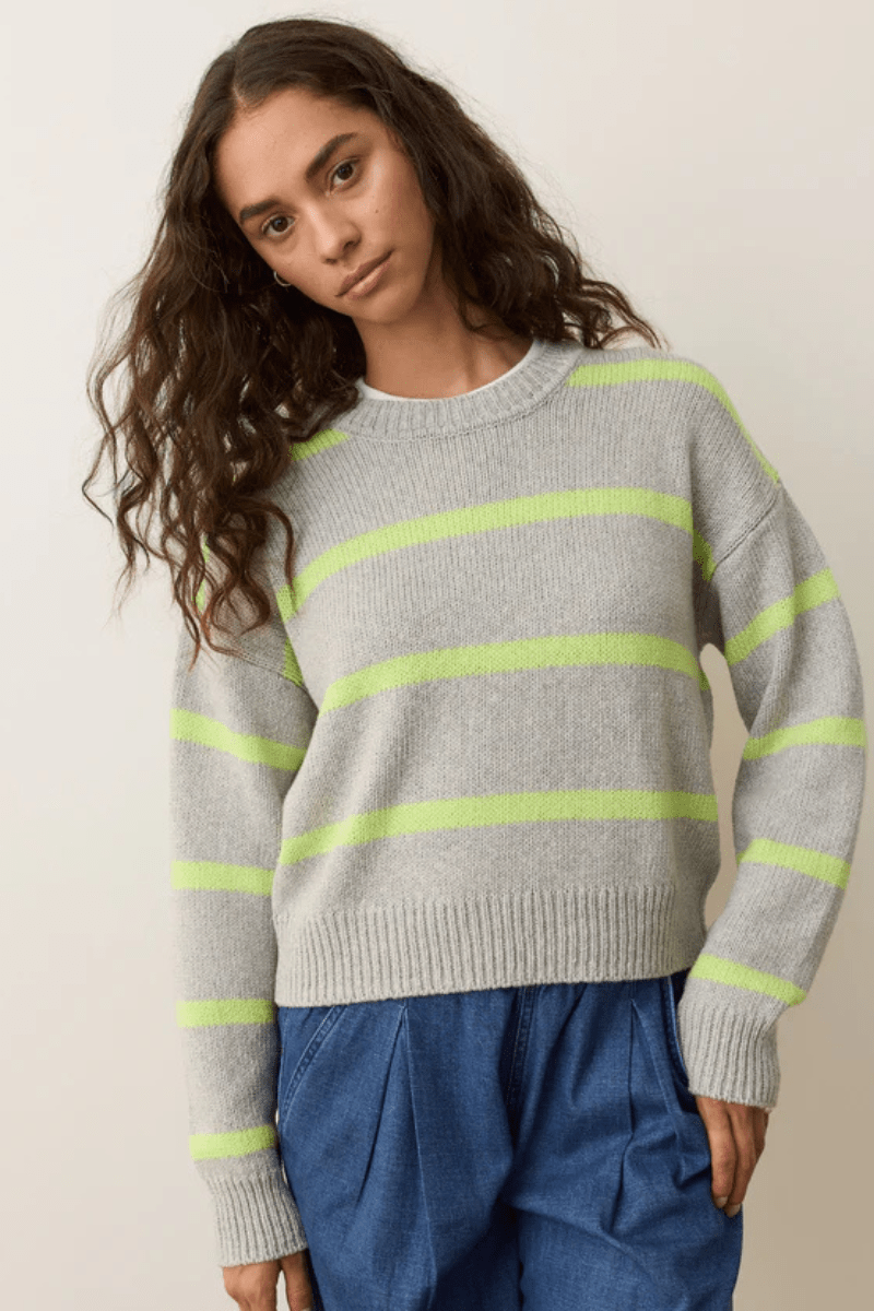 Sweater - Marine Layer - Berkeley Crewneck Sweater in Lime Stripe - Archery Close