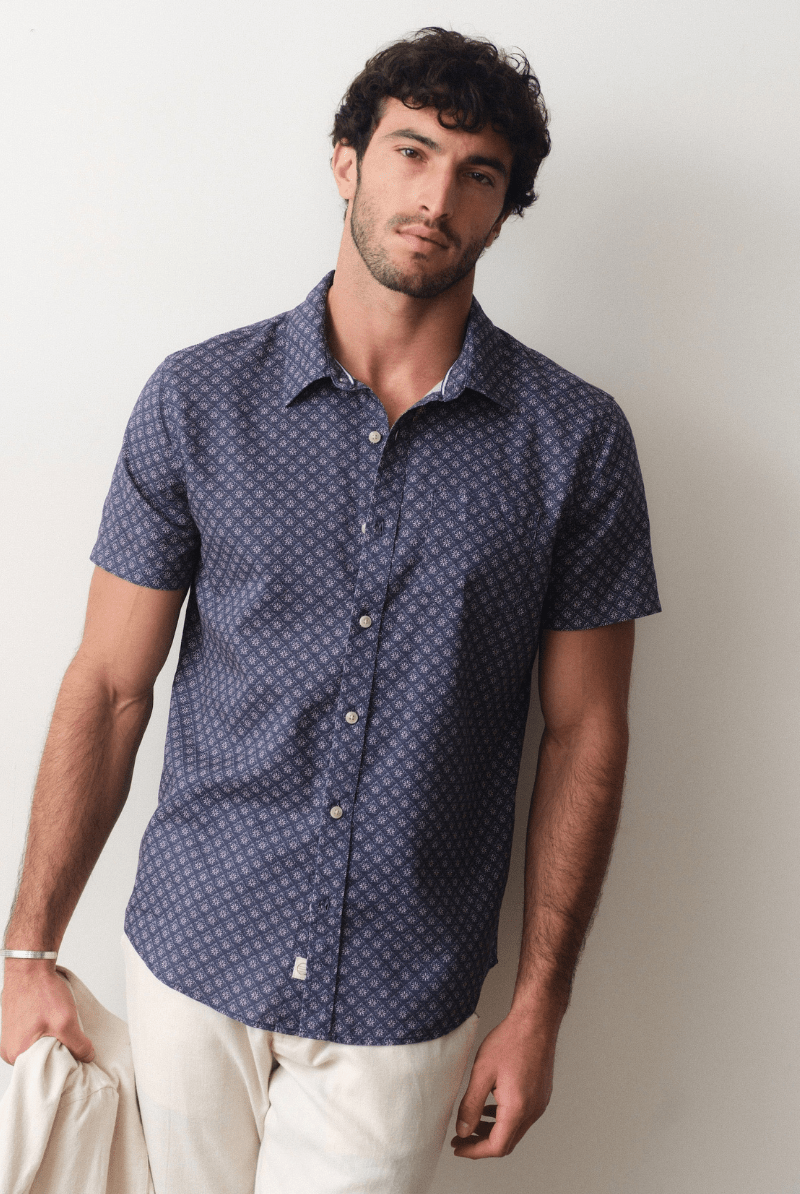 Shirts & Tops - Marine Layer - Better - Than - Linen SS Shirt in India Ink Diamond - Archery Close