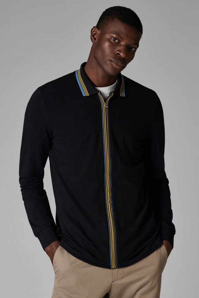 Shirts & Tops - Paul Smith - Black Contrast Tipping Full - Zip Long - Sleeve Polo Shirt - Archery Close