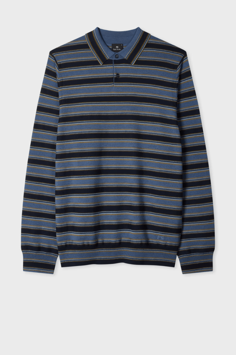 Sweater - Paul Smith - Blue and Navy Stripe Merino Polo Shirt - Archery Close