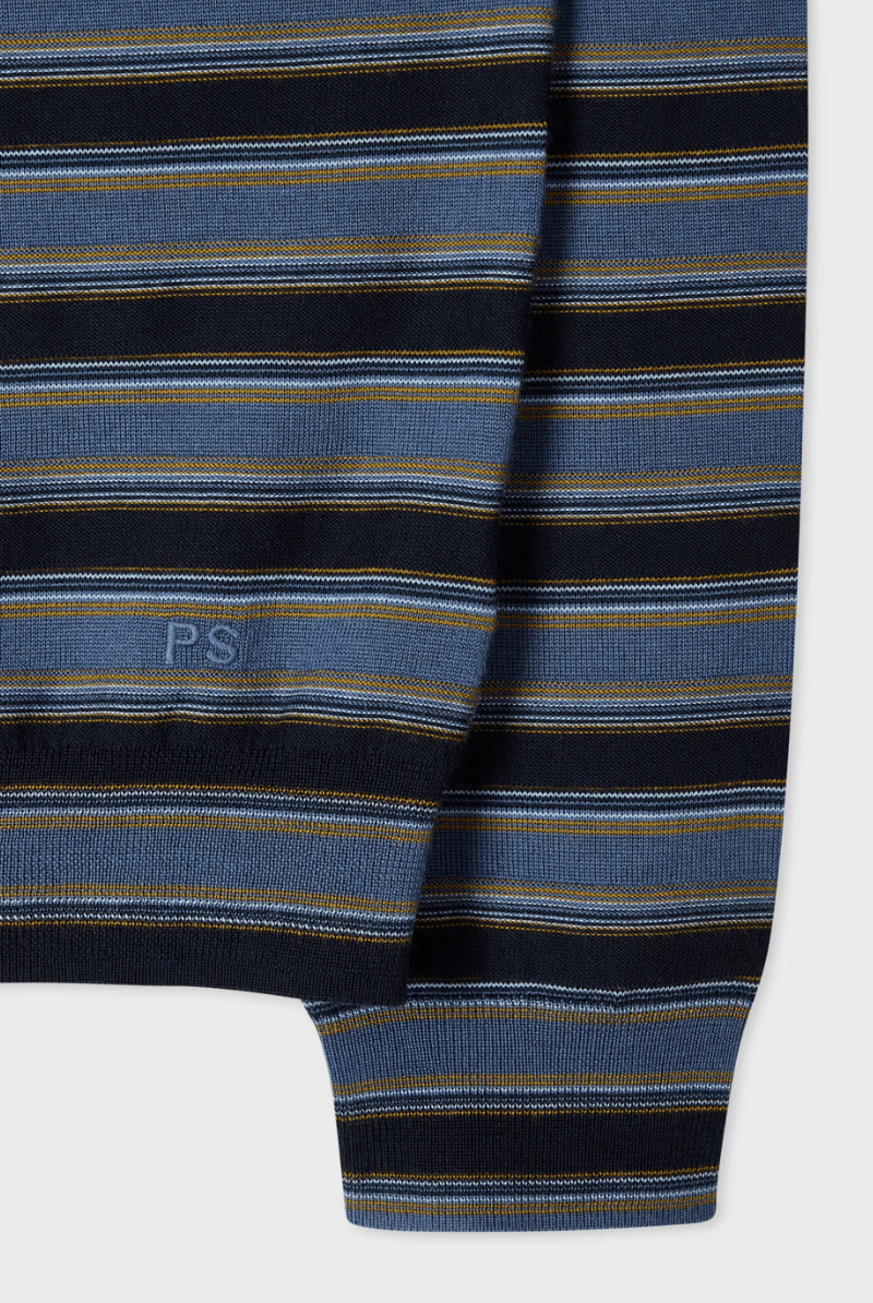Sweater - Paul Smith - Blue and Navy Stripe Merino Polo Shirt - Archery Close