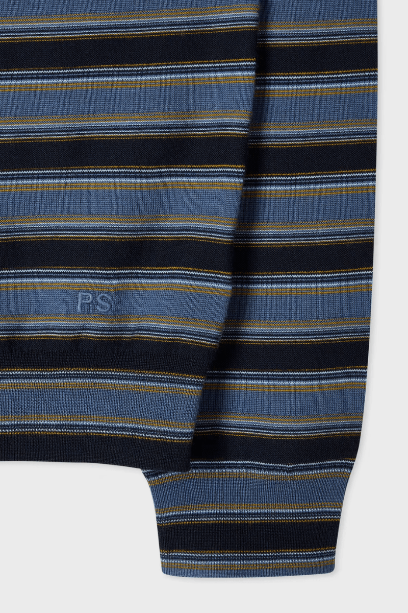 Sweater - Paul Smith - Blue and Navy Stripe Merino Polo Shirt - Archery Close