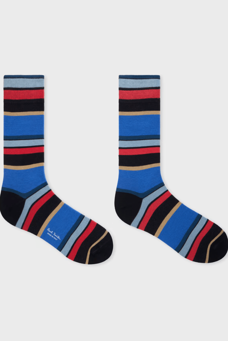 Socks - Paul Smith - Blue Cotton-Blend Block Stripe Socks - Archery Close