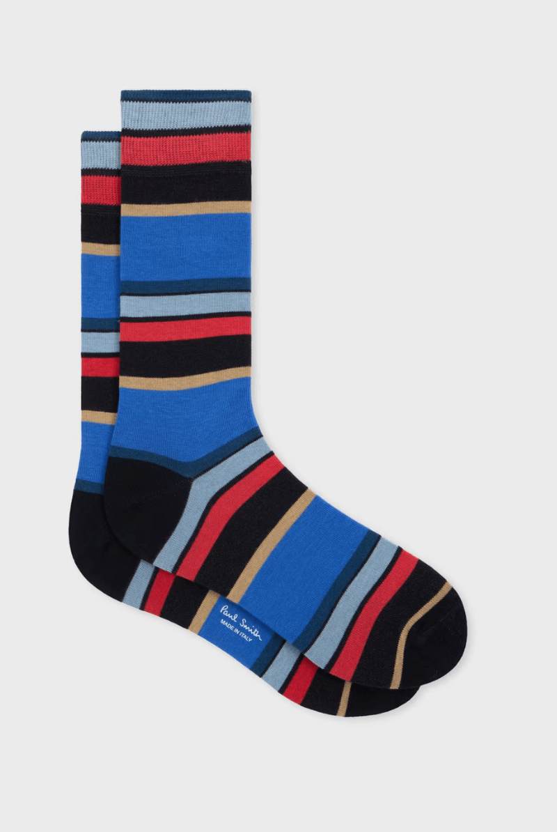 Socks - Paul Smith - Blue Cotton-Blend Block Stripe Socks - Archery Close