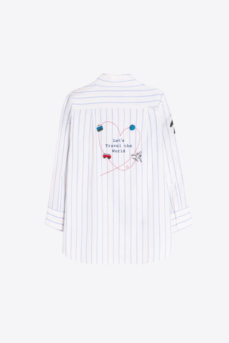 Shirt - Vilagallo - Blue Stripe Safari Embroidered Shirt - Archery Close