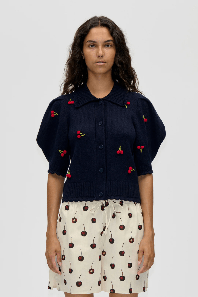 Sweater - Stine Goya - Bobble Knit Polo Cardigan - Cherries - Archery Close