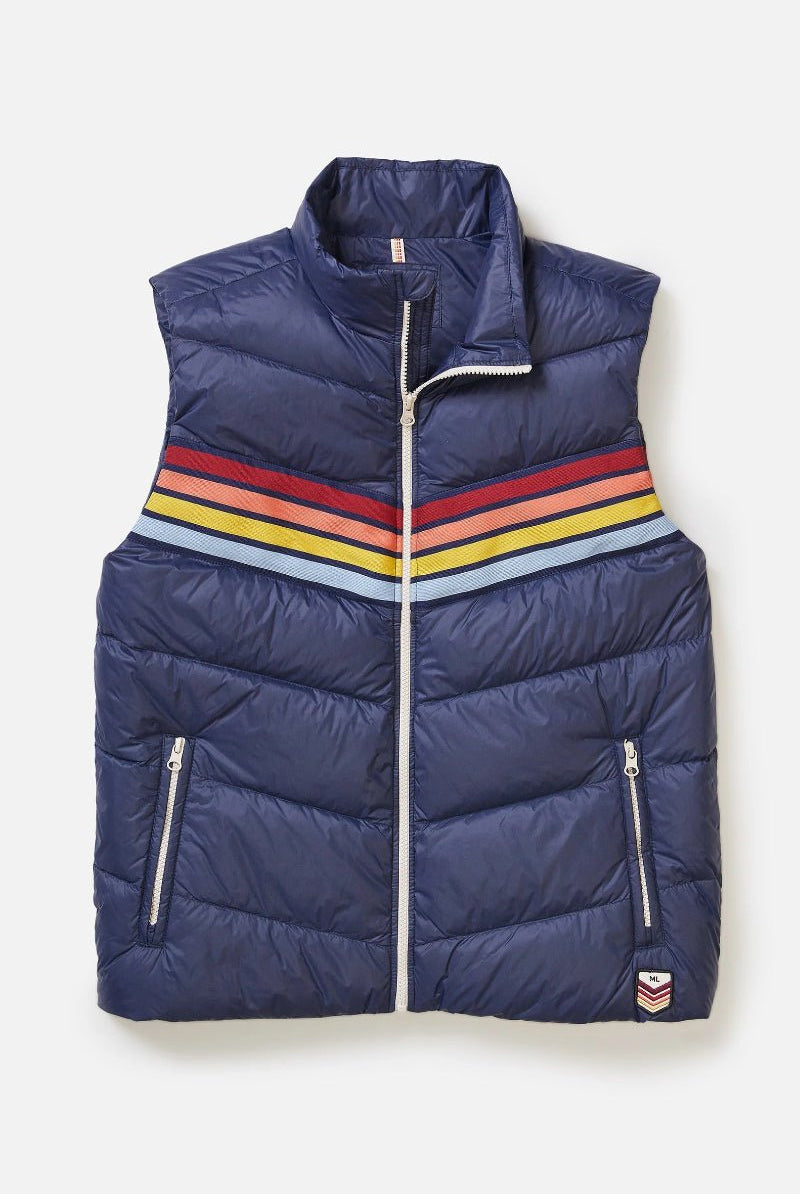 Blue puffer vest with colorful stripes on a white background