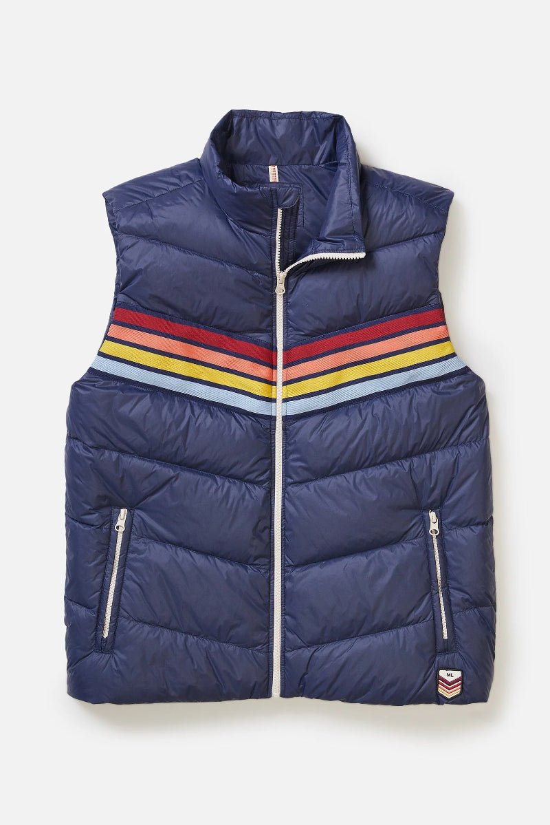 Blue puffer vest with colorful stripes on a white background