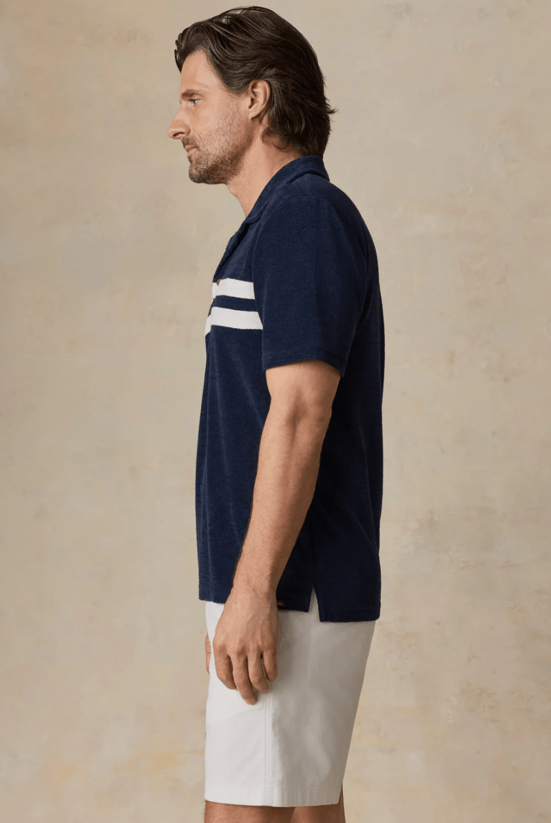 Shirts & Tops - Faherty Brand - Cabana Towel Terry Surf Stripe Polo in Deep Navy - Archery Close