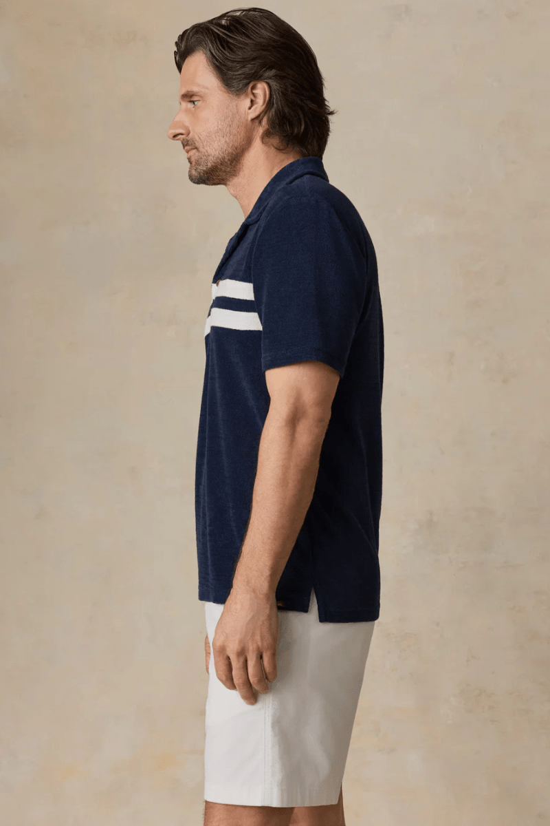 Shirts & Tops - Faherty Brand - Cabana Towel Terry Surf Stripe Polo in Deep Navy - Archery Close