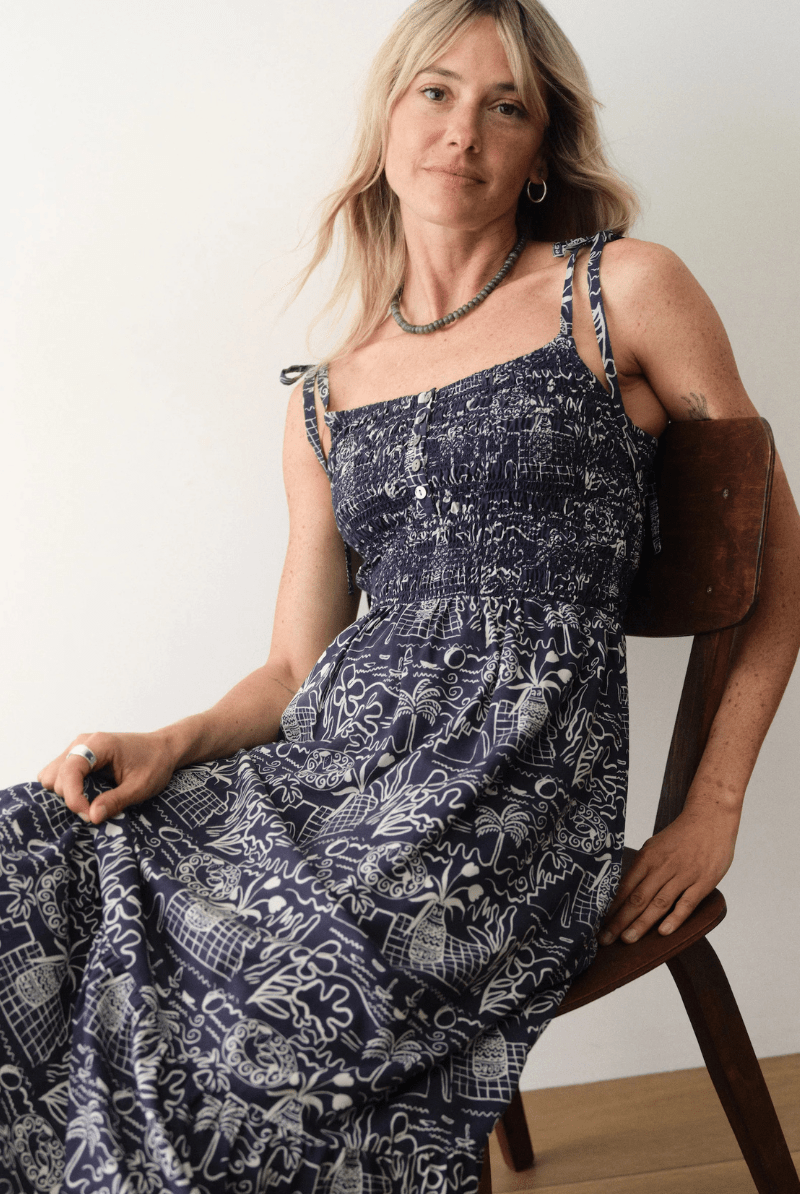 Dresses - Marine Layer - Carmen Smocked Dress in Flores Print - Archery Close