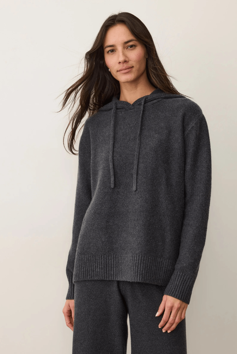 Sweater - Marine Layer - Chalet Knit Hoodie in Charcoal - Archery Close