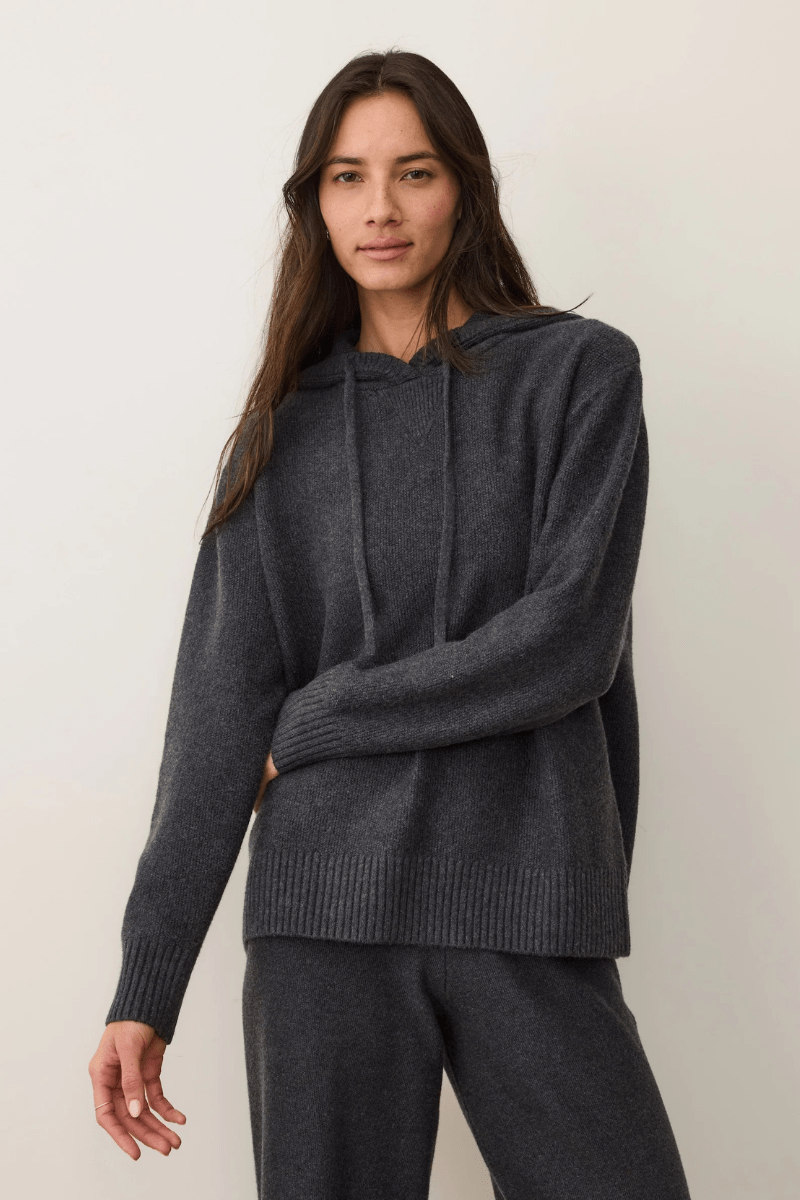 Sweater - Marine Layer - Chalet Knit Hoodie in Charcoal - Archery Close