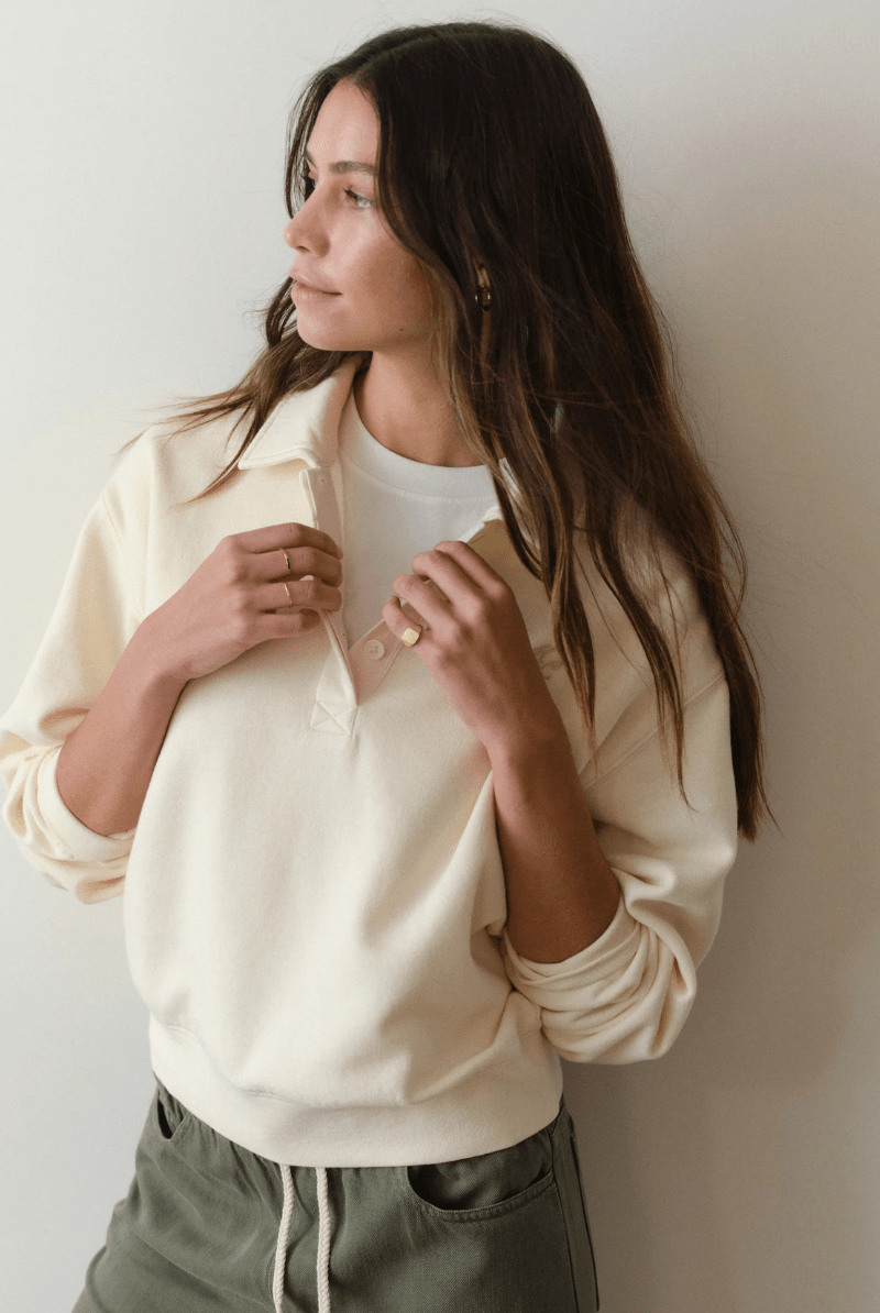 Sweatshirts - Marine Layer - Cloud 9 Fleece Polo in Antique White - Archery Close