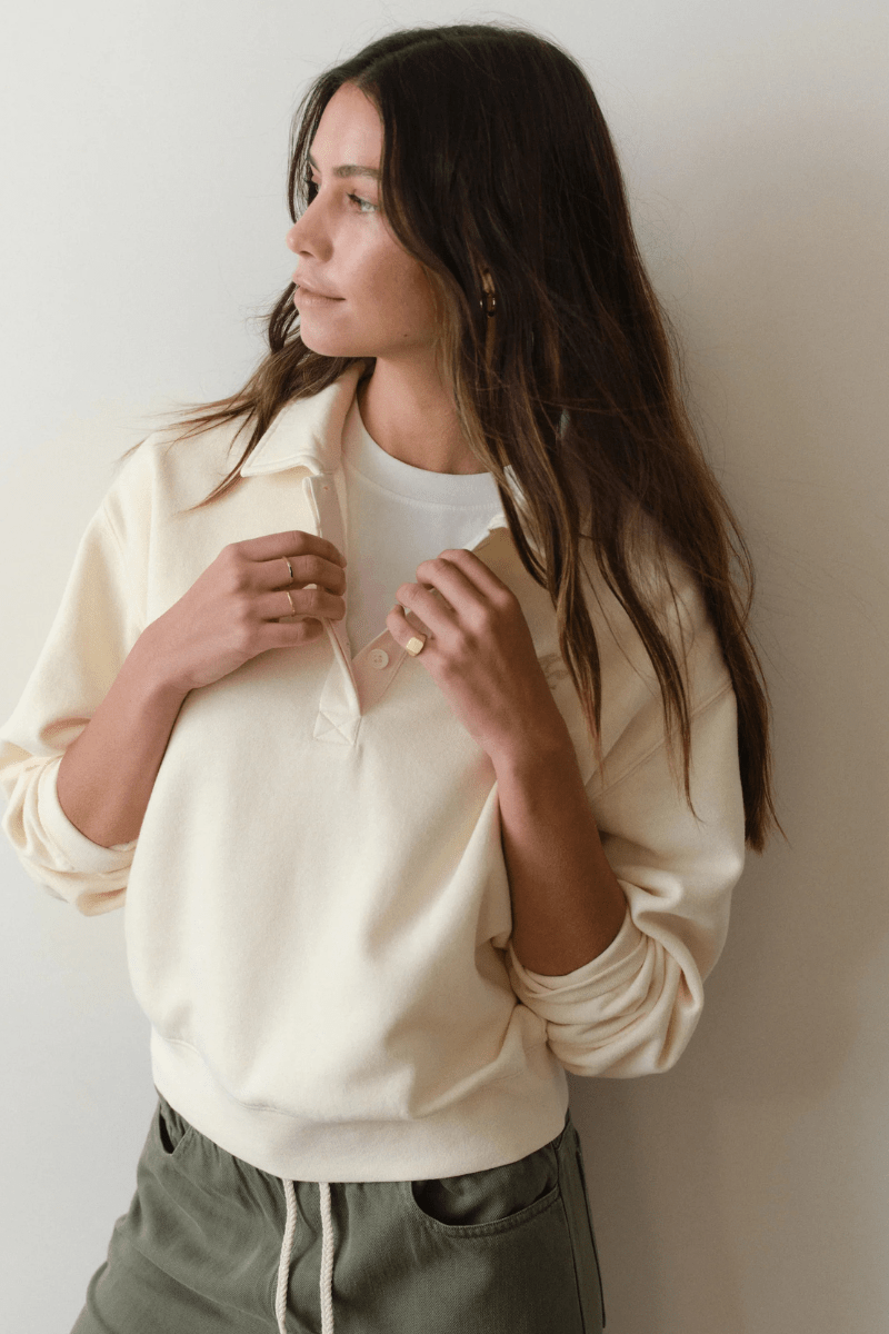 Sweatshirts - Marine Layer - Cloud 9 Fleece Polo in Antique White - Archery Close