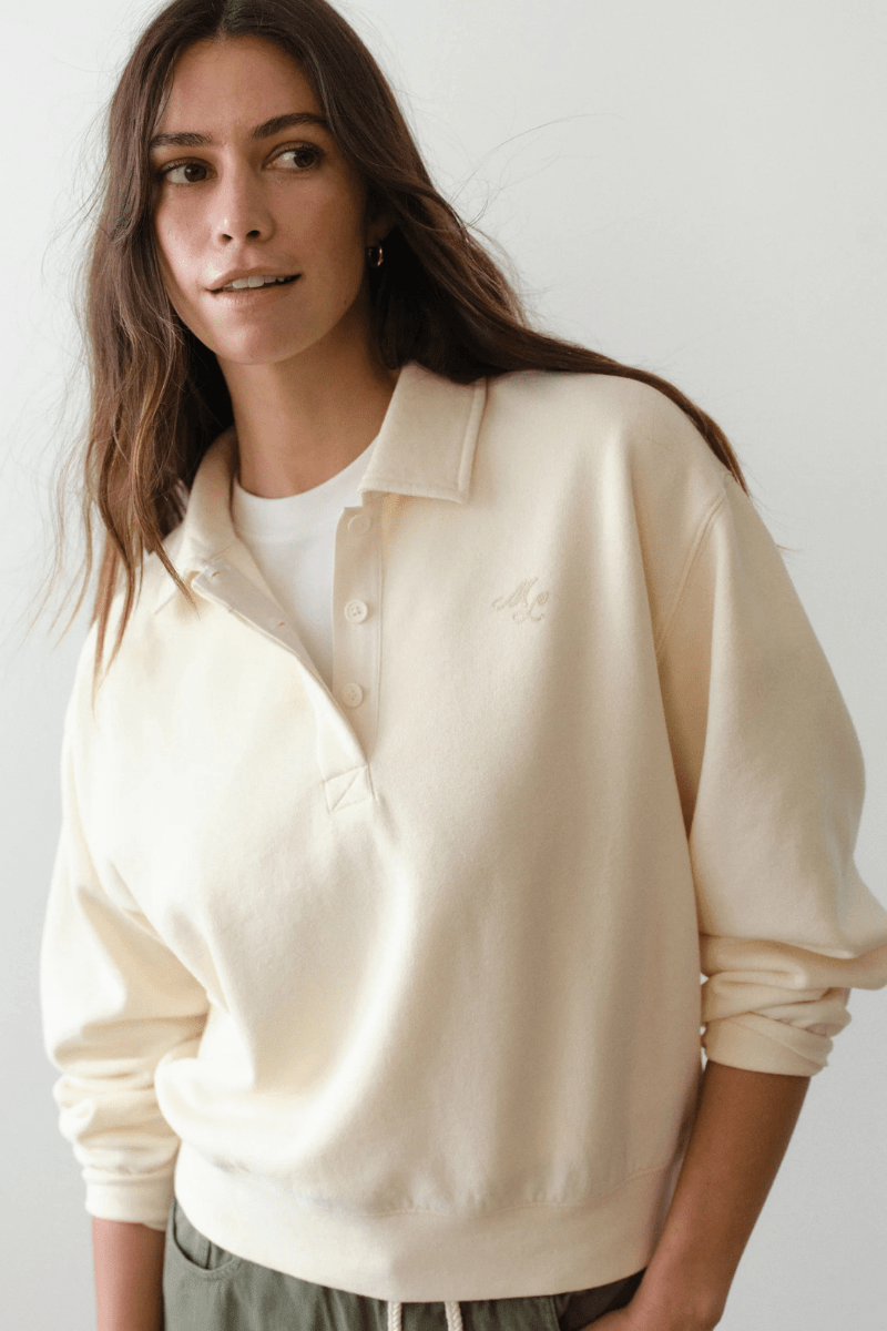 Sweatshirts - Marine Layer - Cloud 9 Fleece Polo in Antique White - Archery Close