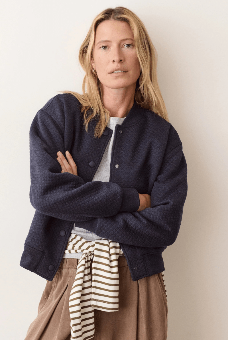 Outerwear - Marine Layer - Corbet Quilted Bomber in Navy Heather - Archery Close