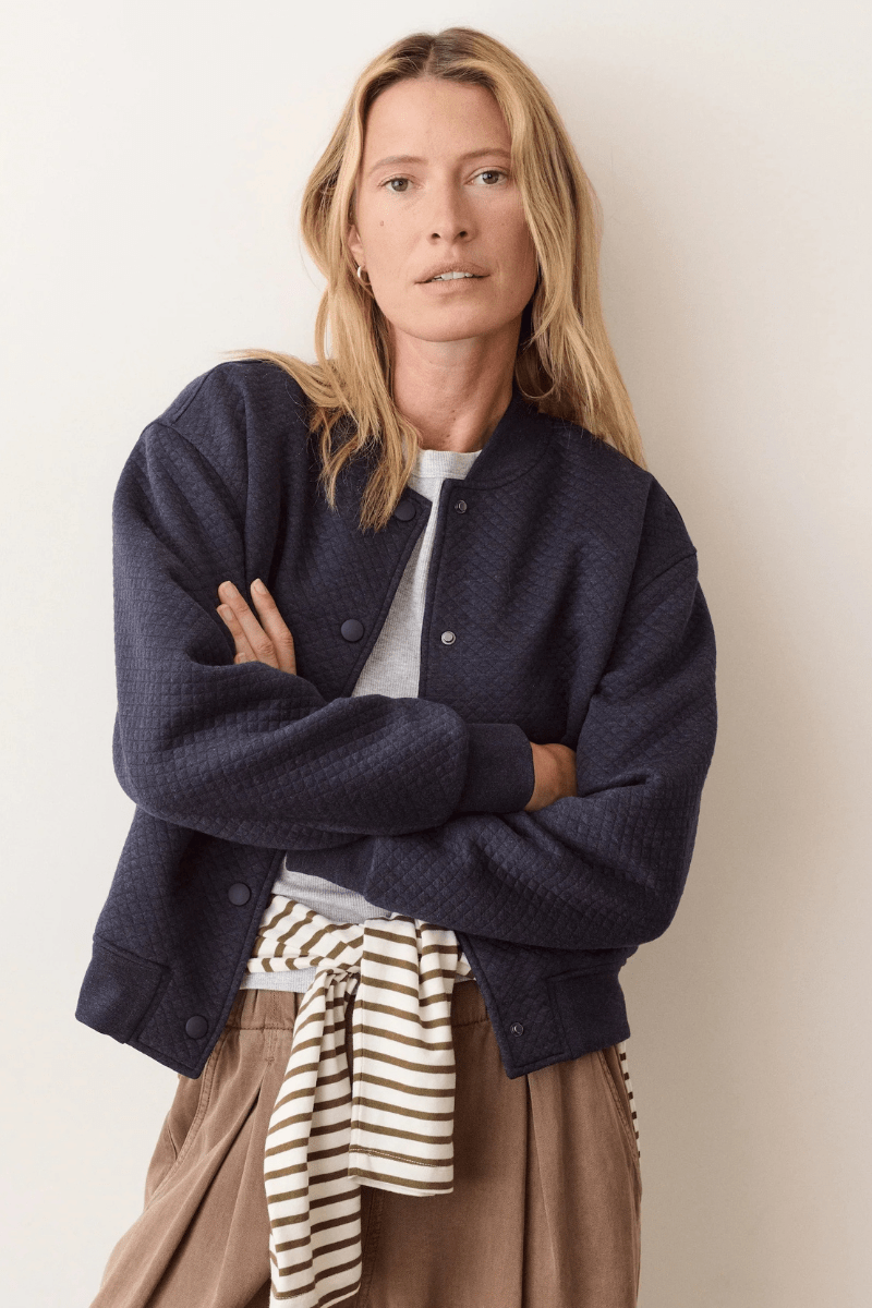 Outerwear - Marine Layer - Corbet Quilted Bomber in Navy Heather - Archery Close