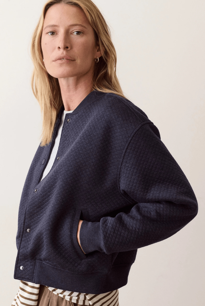 Outerwear - Marine Layer - Corbet Quilted Bomber in Navy Heather - Archery Close