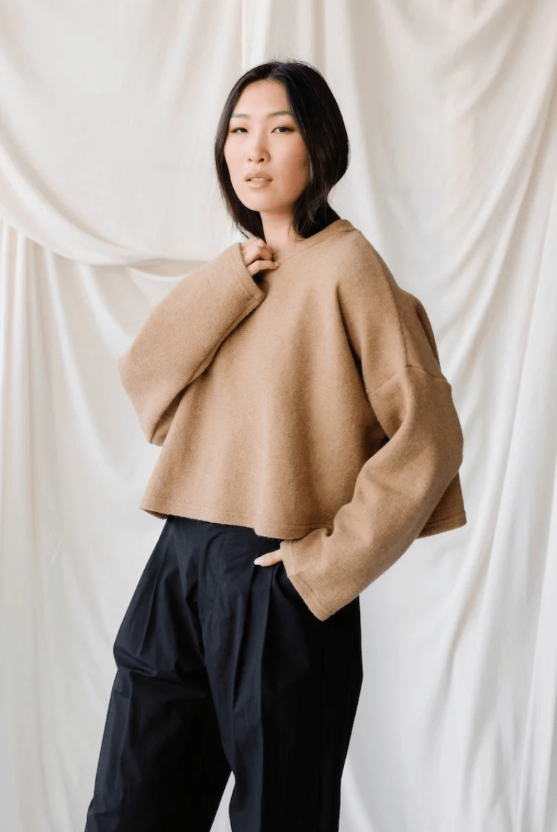 Sweater - Natalie Busby - Cropped Crew Sweater in Camel - Archery Close