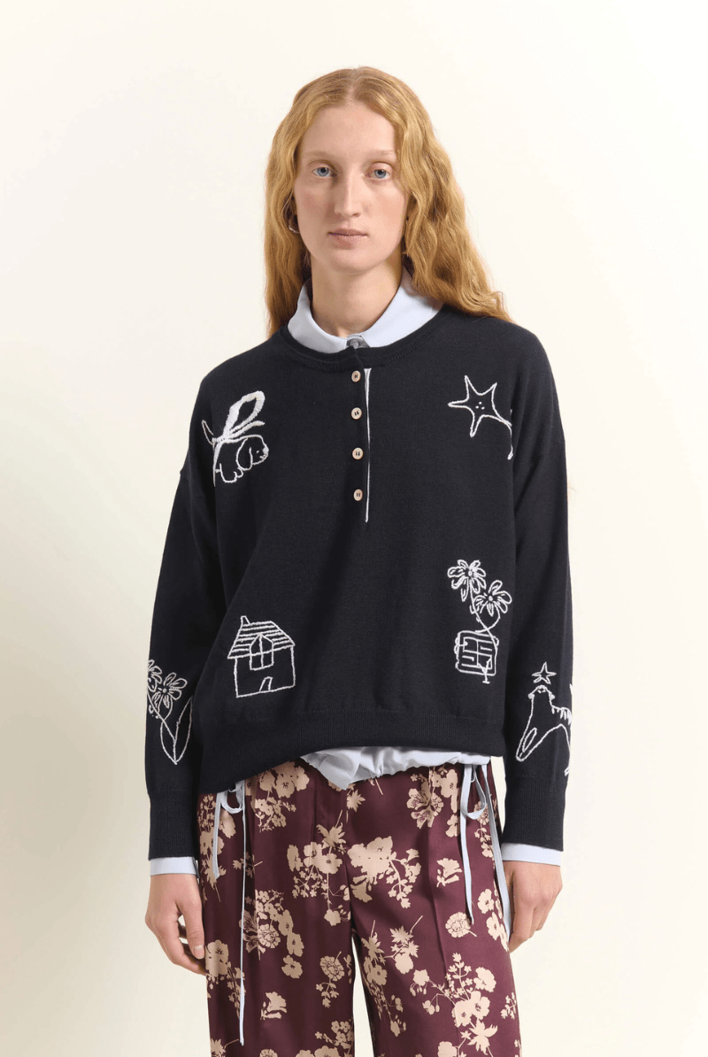 Sweater - Beatrice B - Embroidered Crewneck Sweater - Archery Close