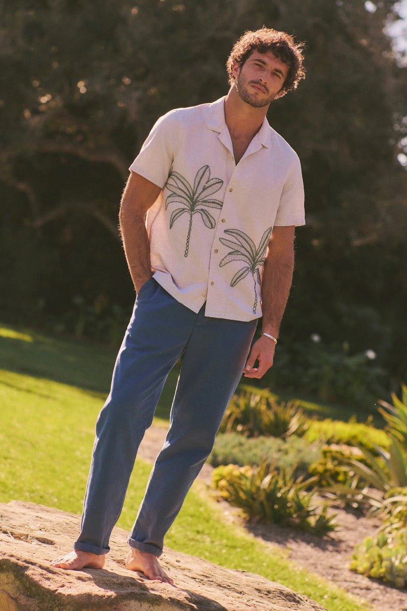 Marine Layer Embroidered Resort Shirt - Cream/Green Palm