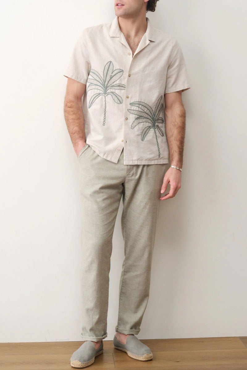Marine Layer Embroidered Resort Shirt - Cream/Green Palm
